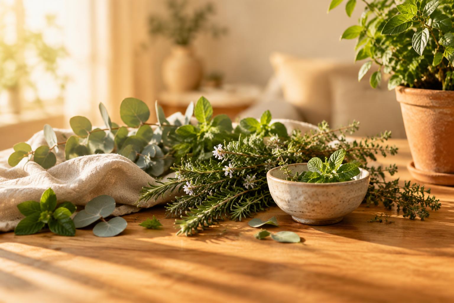 Hierbas frescas y botánicos sobre una mesa de madera